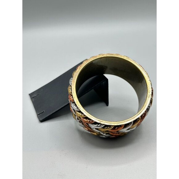 Mixed Metal Brass Copper Silver Tone Chevron Design Chunky Wide Bangle Bracelet - Picture 7 of 11